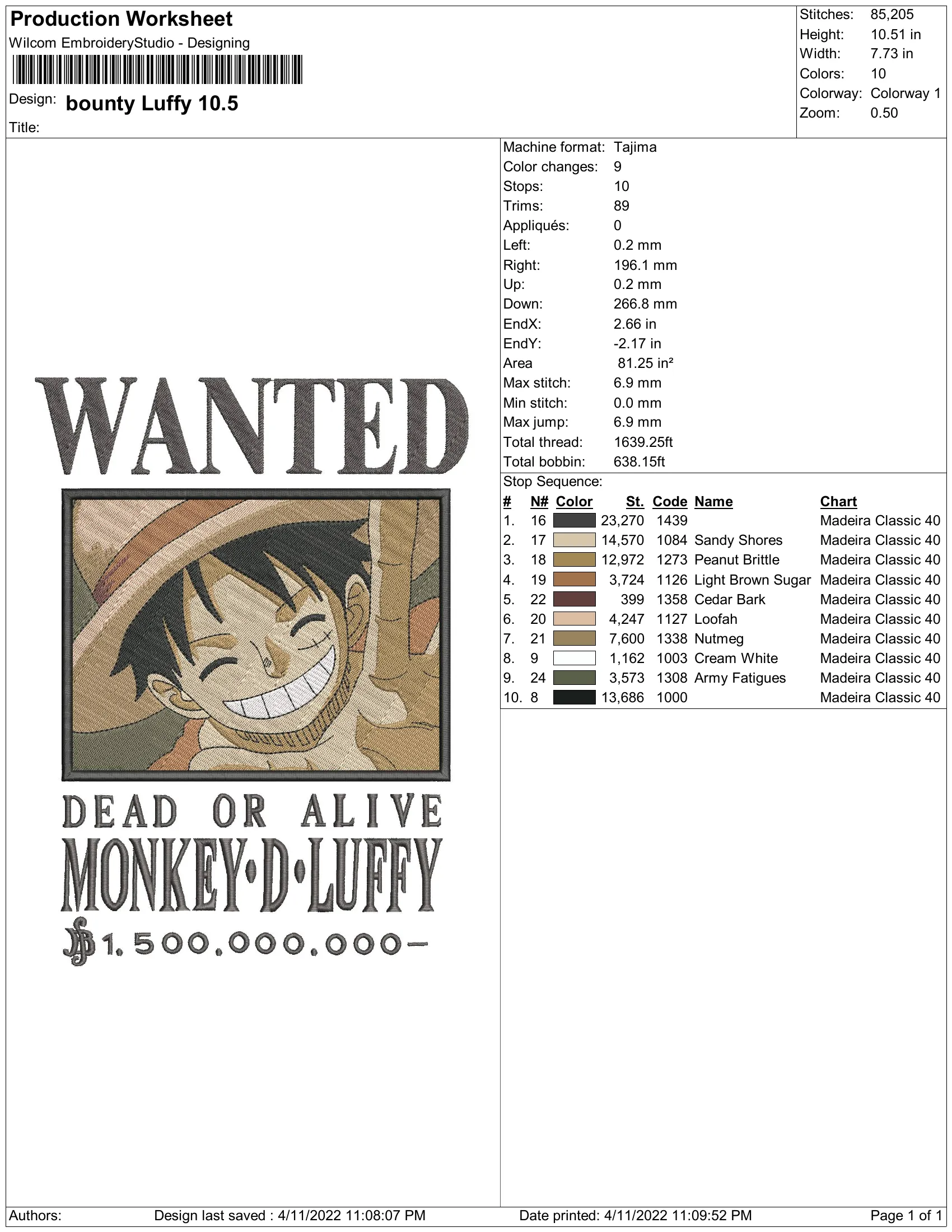Alternative view of  Monkey D. Luffy Wanted Poster Embroidery 