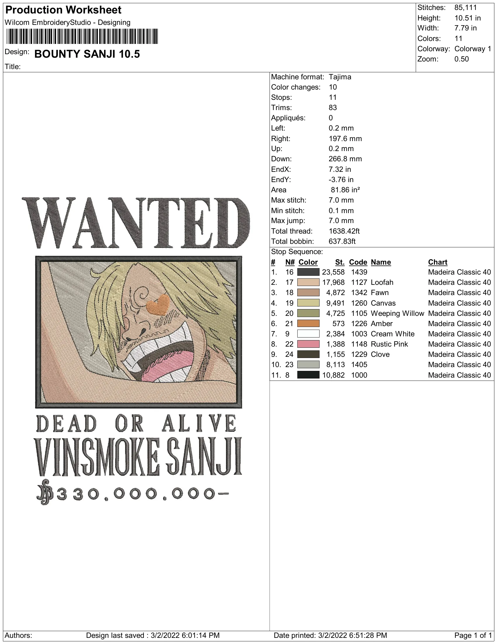 Alternative view of  Vinsmoke Sanji Wanted Poster Embroidery 