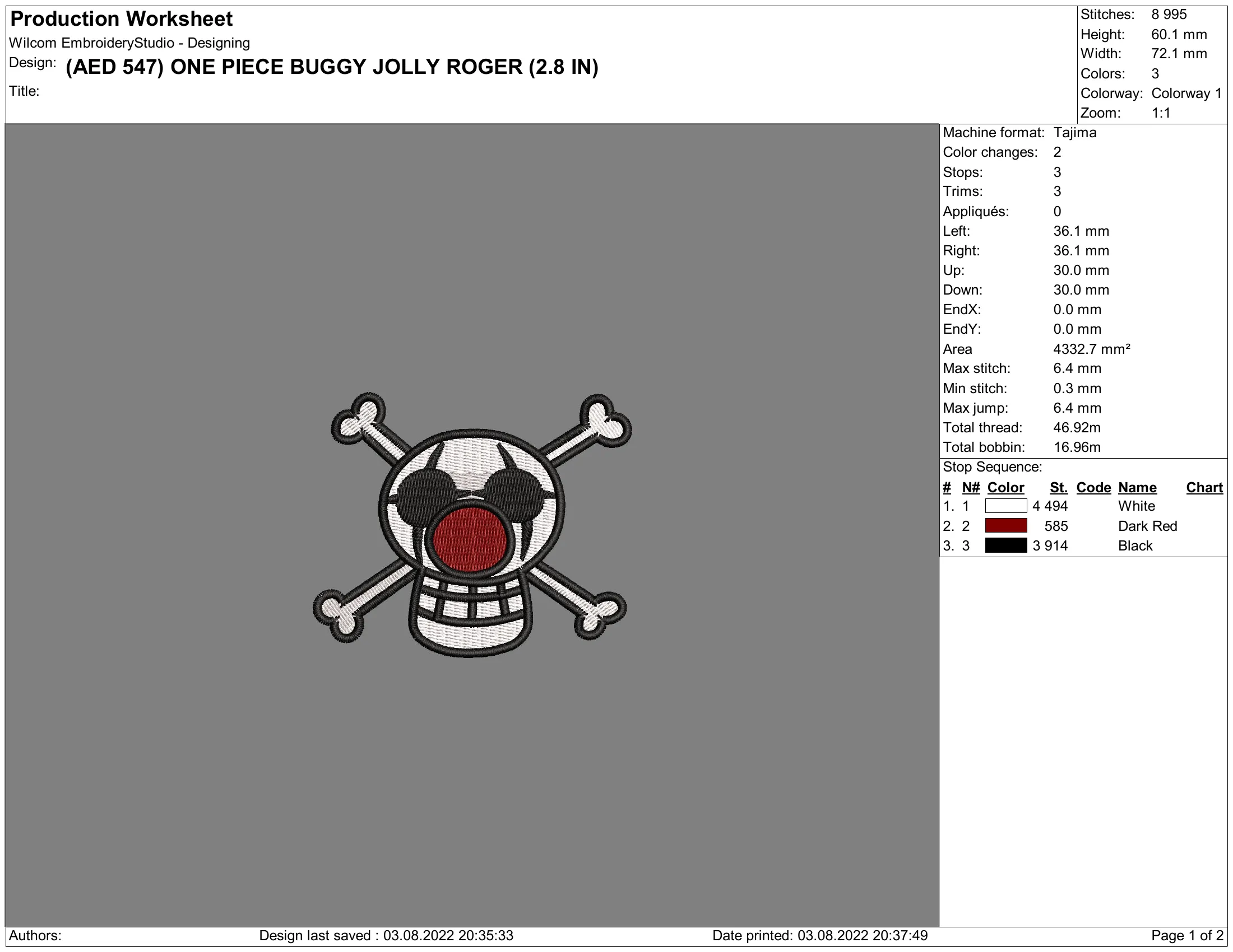 Alternative view of  One Piece Buggy Jolly Roger Embroidery 