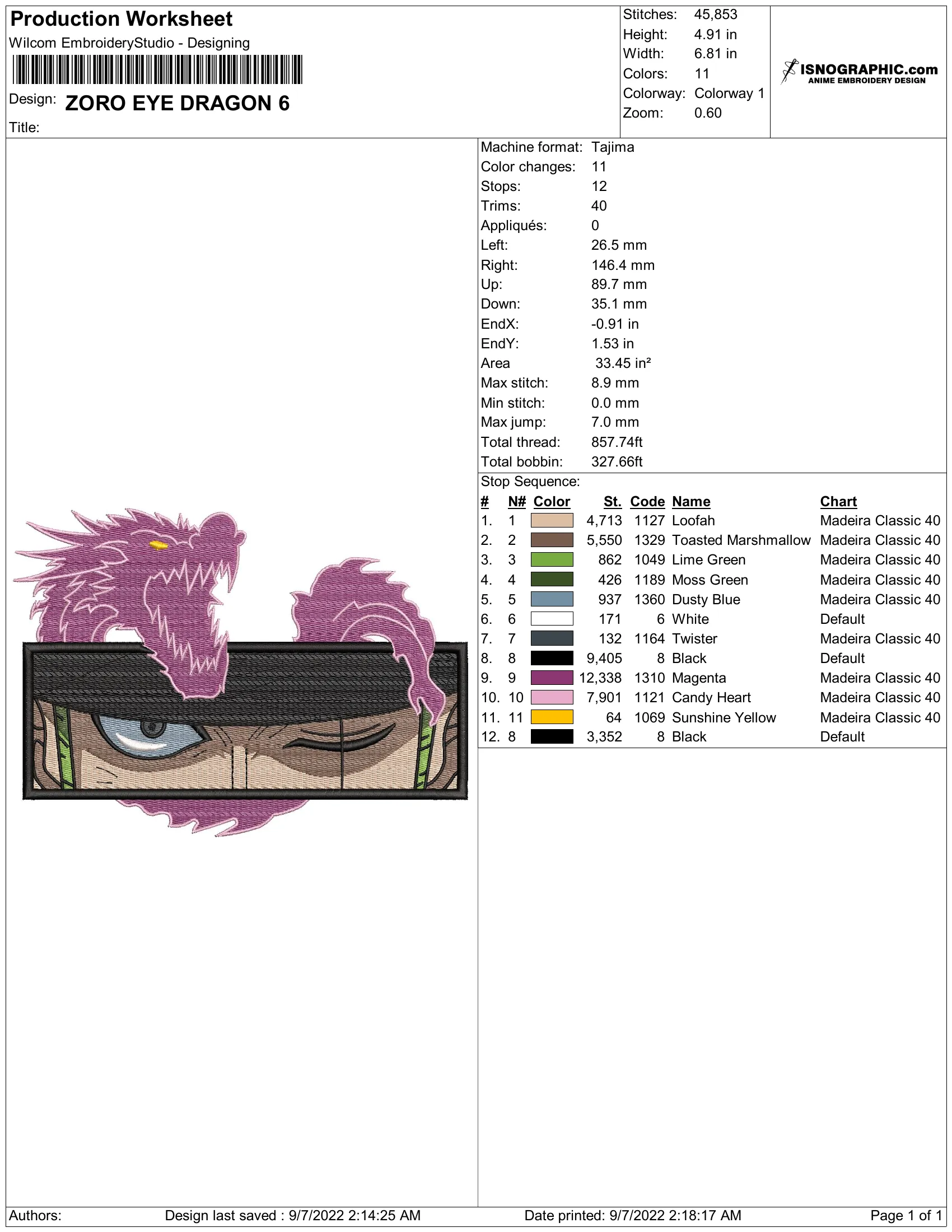 Alternative view of  Zoro Eye Dragon Embroidery Design 