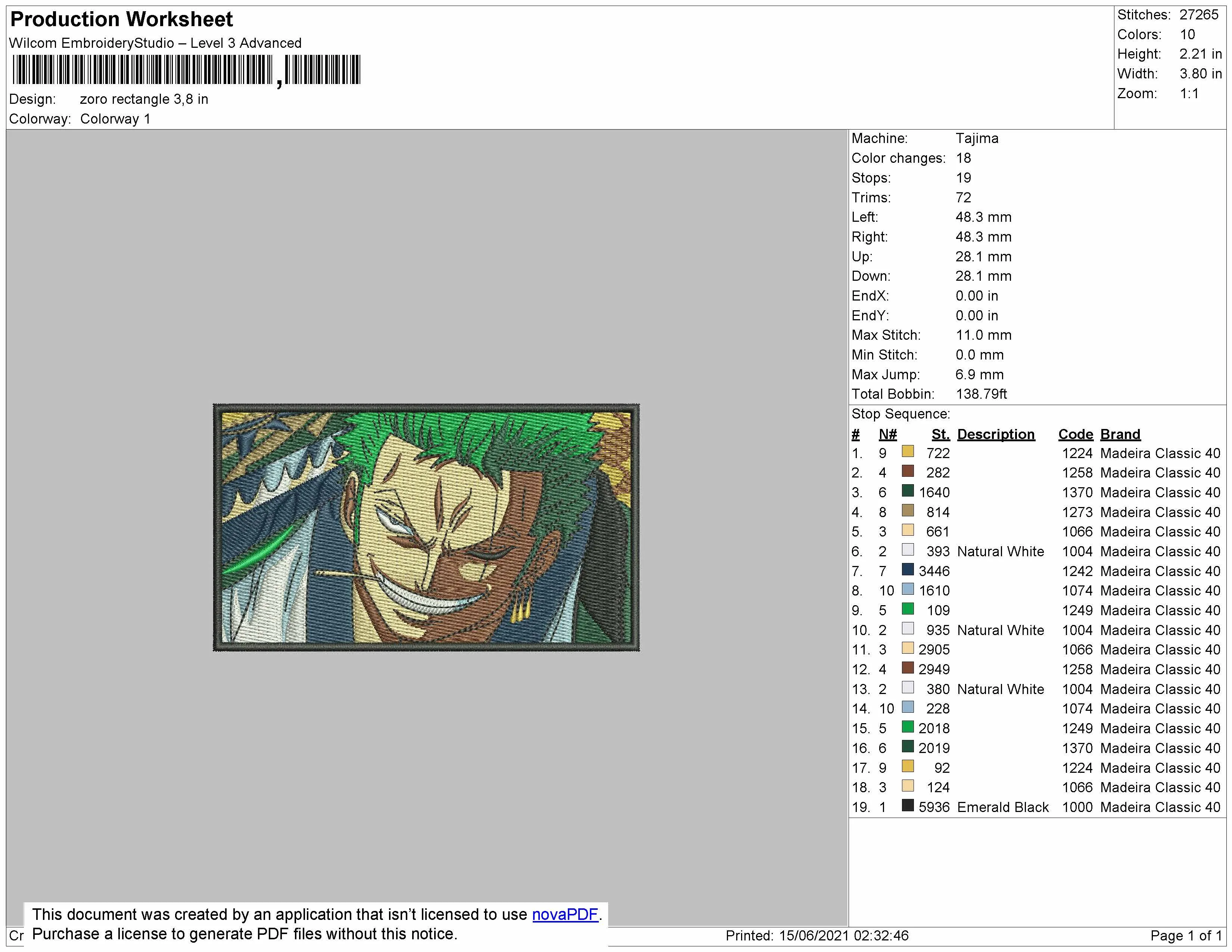 Alternative view of  Zoro Portrait Embroidery Design 