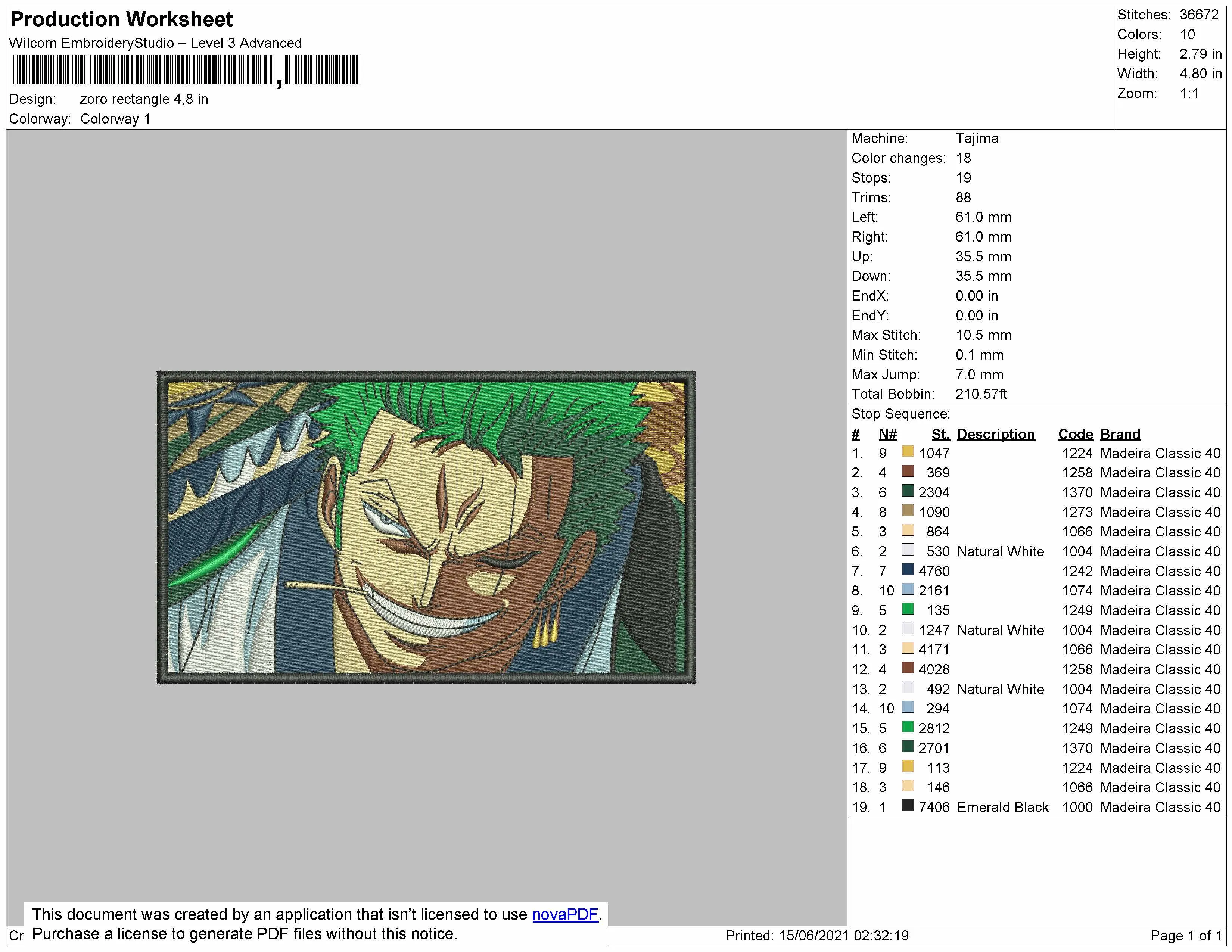 Alternative view of  Zoro Portrait Embroidery Design 