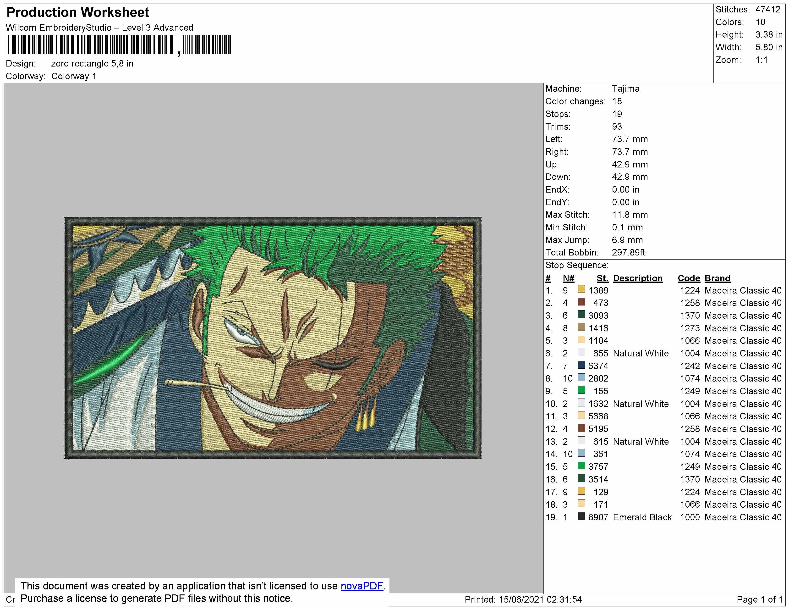 Alternative view of  Zoro Portrait Embroidery Design 