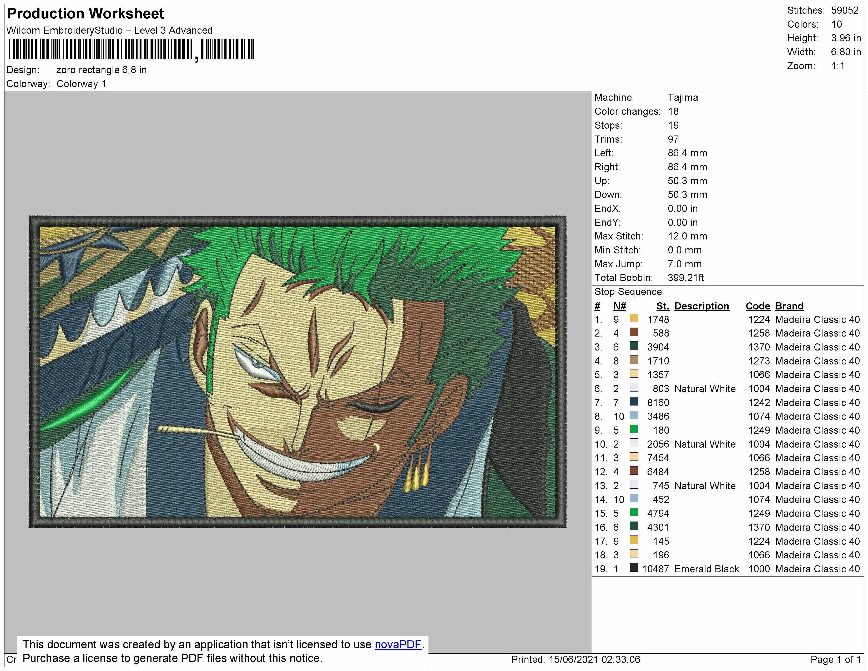 Alternative view of  Zoro Portrait Embroidery Design 
