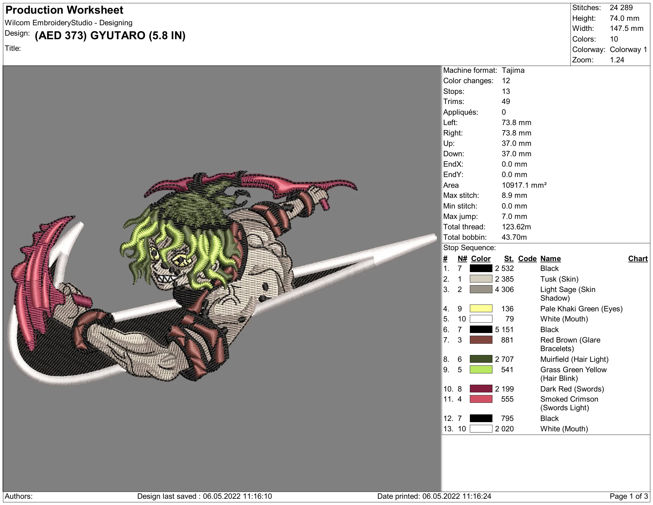 Alternative view of  Embroidered Gyutaro Character Design 