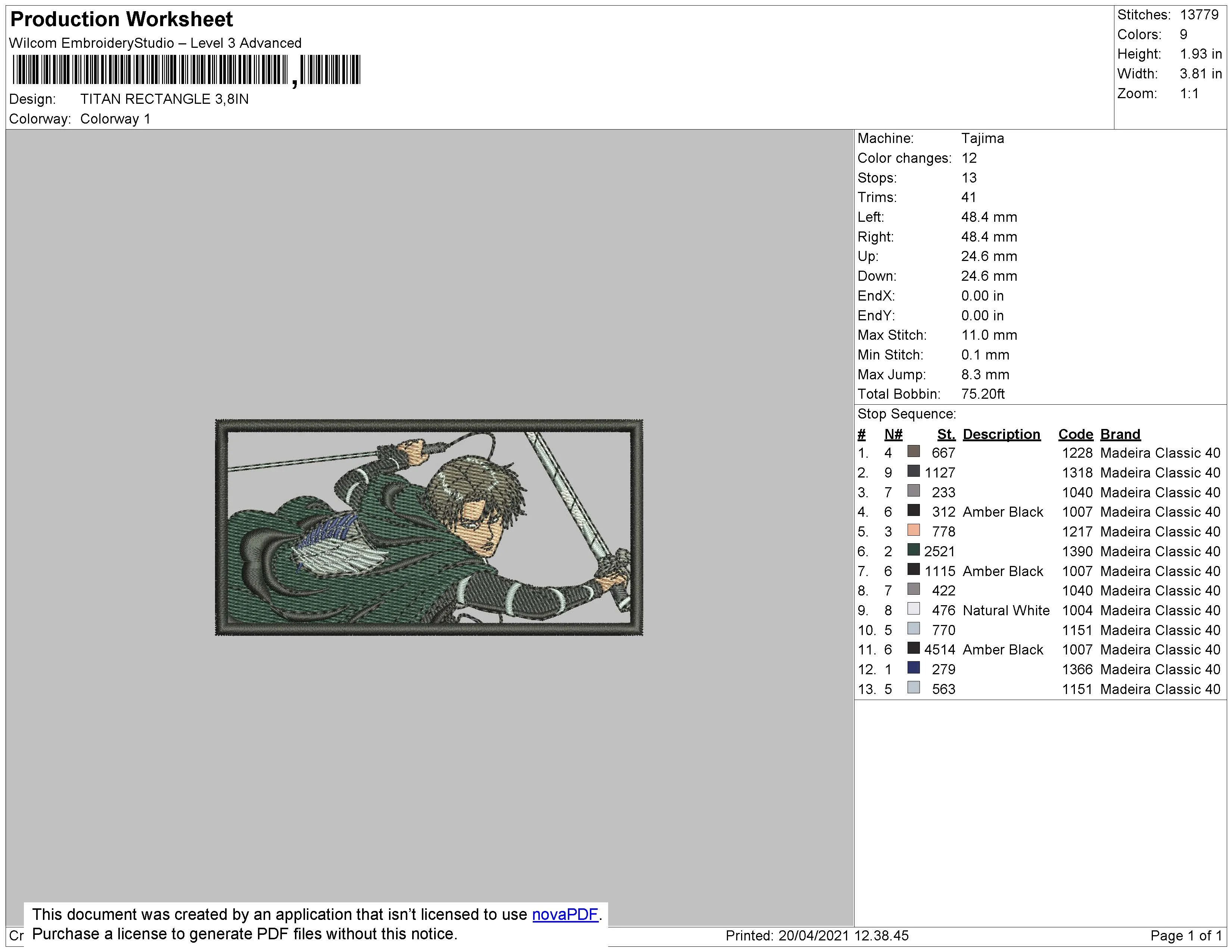 Alternative view of  Eren Yeager Attack on Titan Embroidery 