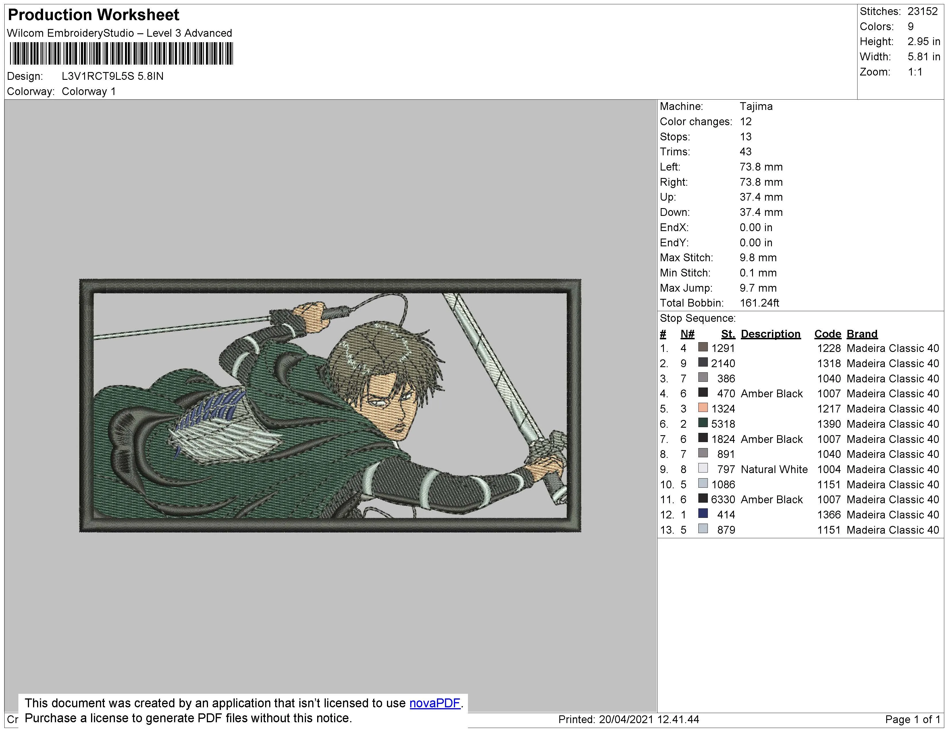 Alternative view of  Eren Yeager Attack on Titan Embroidery 
