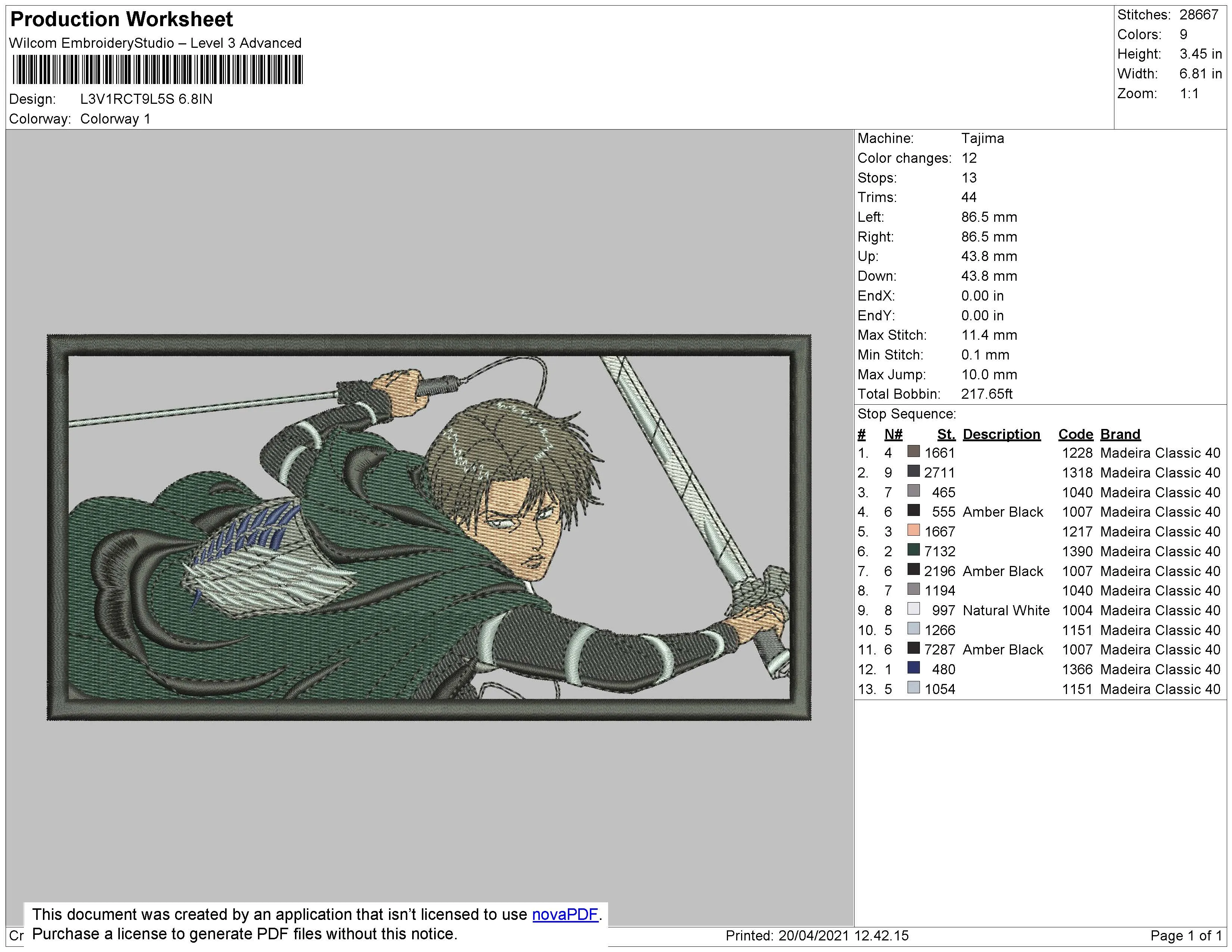Alternative view of  Eren Yeager Attack on Titan Embroidery 