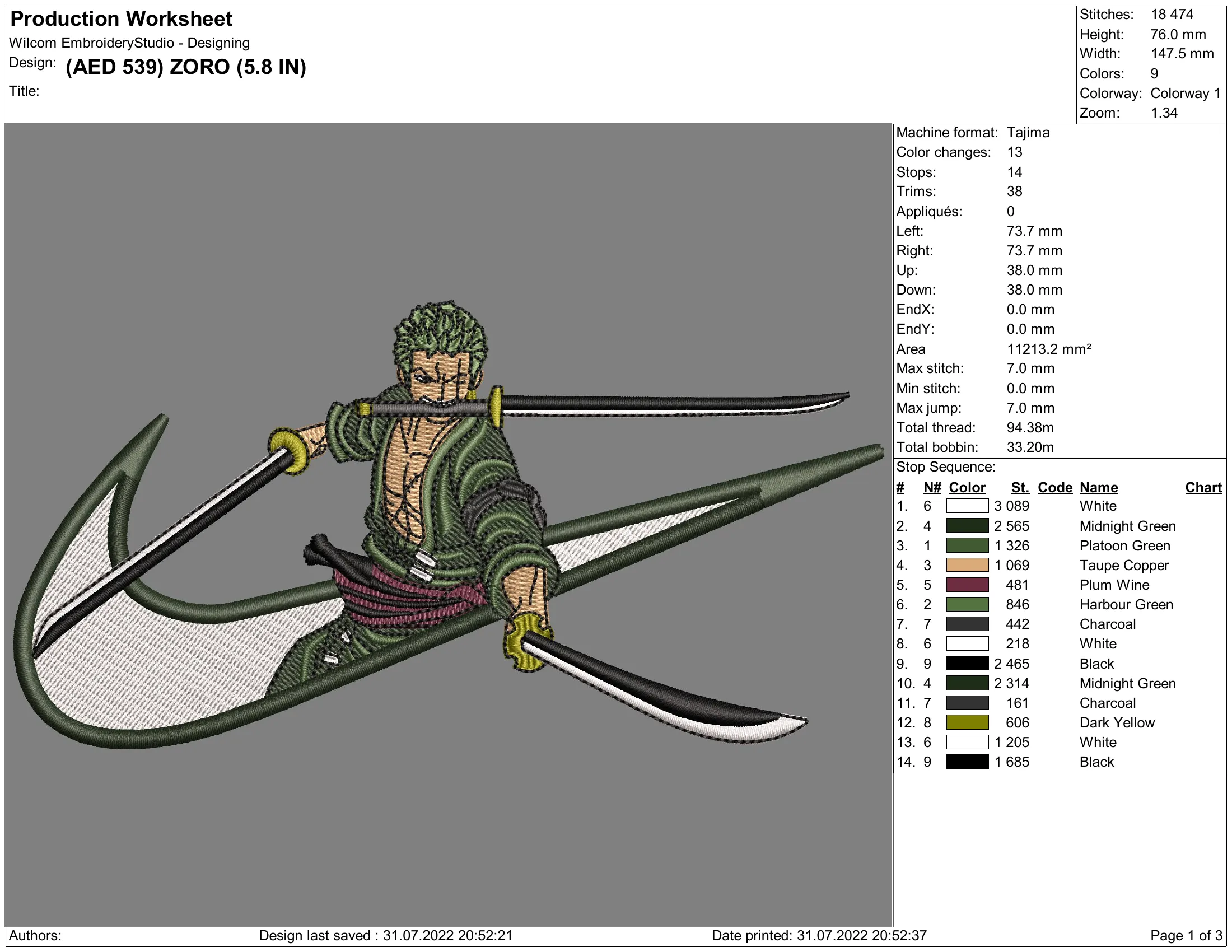Alternative view of  Roronoa Zoro Embroidery Design 