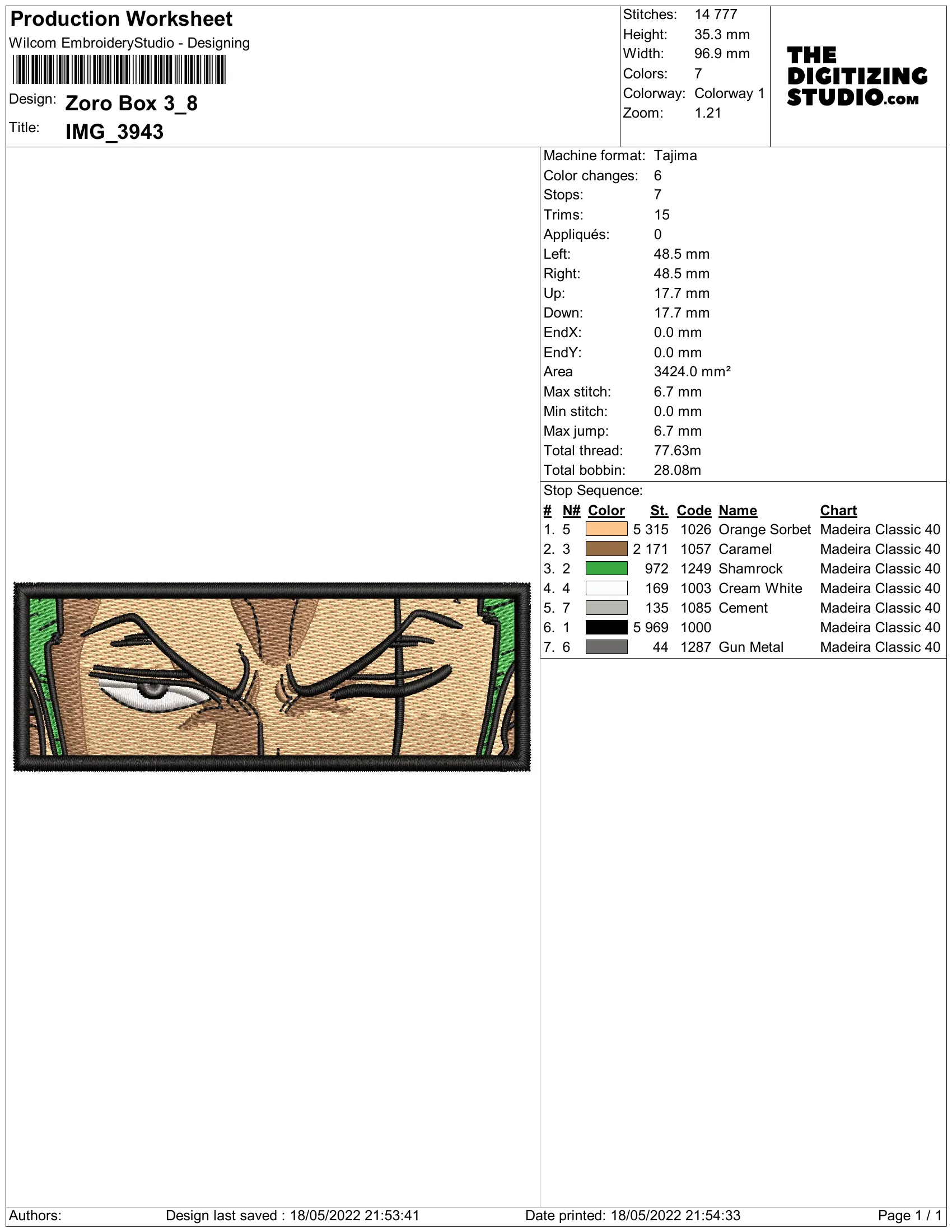 Alternative view of  One Piece Zoro Embroidered Portrait 